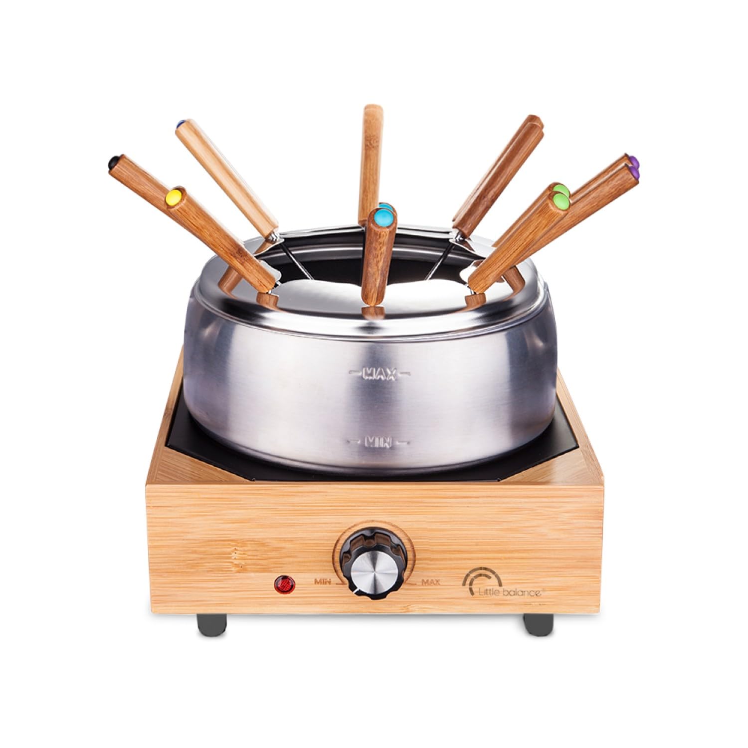 LITTLE BALANCE 8320 Wood Fondue 8 Inox - Appareil à fondue 8 personnes - Caquelon Inox anti-adhésif grande contenance 2 litres - Puissance 800 W - Finition Bambou véritable