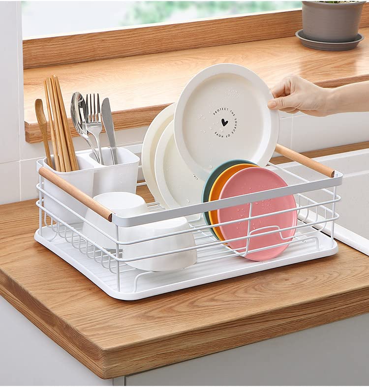 Yagosodee Kitchen Dish Drainer - Dish Drying Rack with Cutlery Holder and Removable Drip Tray Iron Wire Dish Drying Rack, Plate Drainer Rack for Kitchen Counter Top White