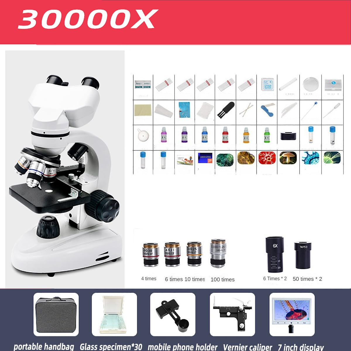Microscopio Binocular Profesional, Equipo De Laboratorio, 30000x, 4*Objetivo/4*Ocular, con Pantalla, Pie De Rey, Conjunto De Investigación, para Enseñanza E Investigación-30000