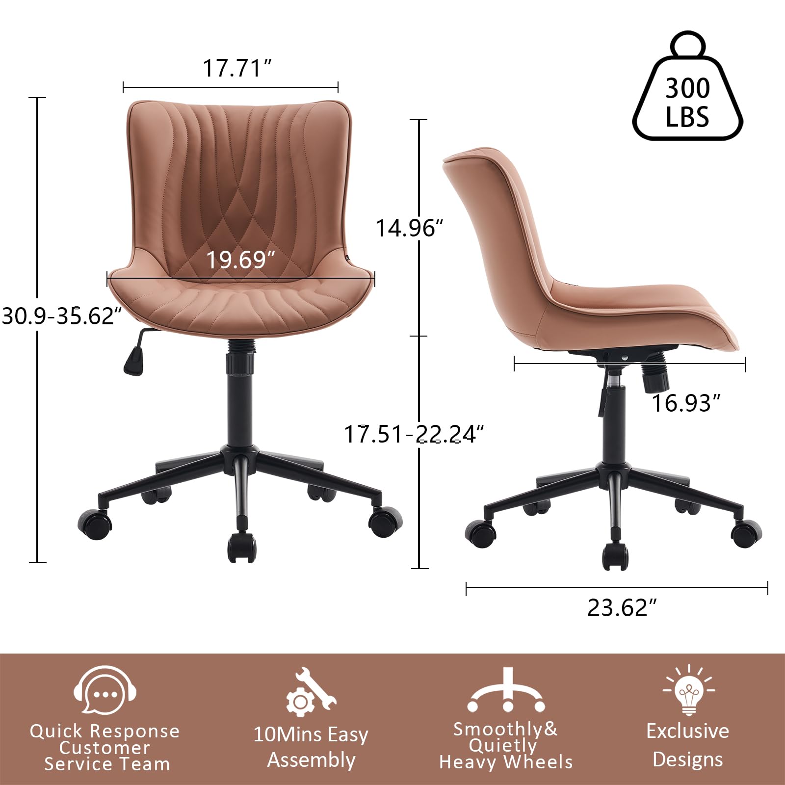 YOUTASTE Office Chair Pink Armless Desk Chair with Wheels, Modern Faux Leather Padded Computer Task Chair, Adjustable Swivel Rolling Sewing Vanity Chair with Ergonomic Rocking Back, Nude Pink