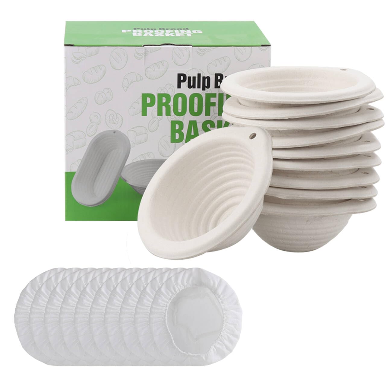 Lot de 10 Bannetons Ronds 15 cm en Pulpe de Cellulose avec Toile en Lin - Panier à Levain pour Pain Sourdough et Pains Individuels