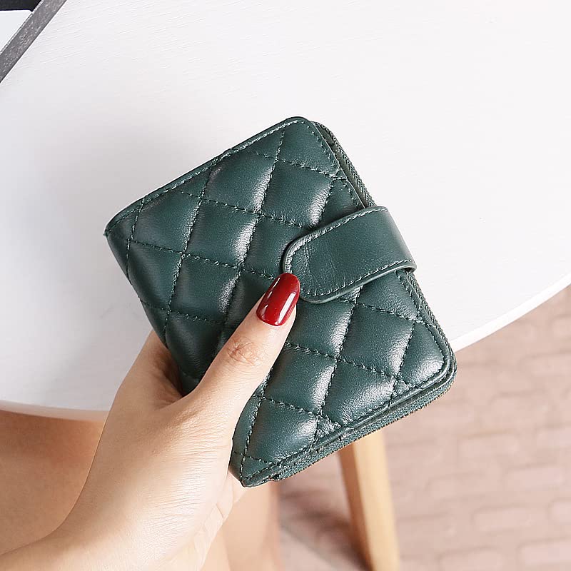 KKRAUS Small Quilted Slim Wallet for Women Leather Coin Purse Credit Card Holder with RFID Blocking ID Card Window (Green)2