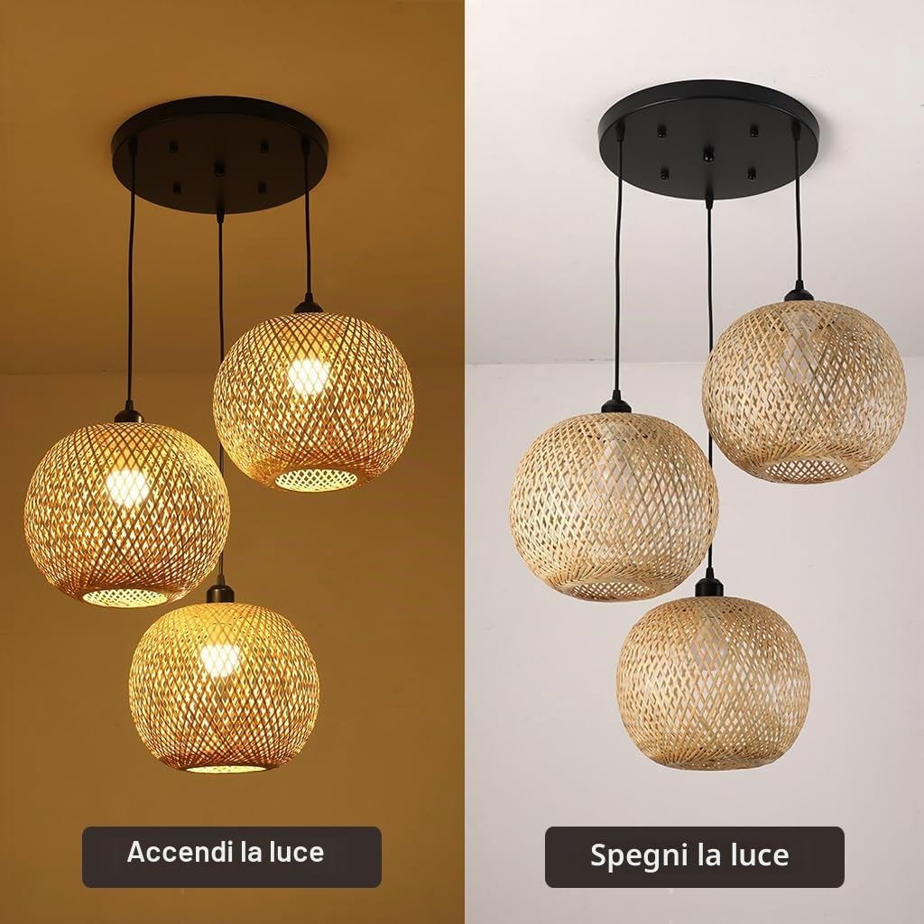 Lampada A Sospensione 3 Luci Bambù Lampadario Industriale In Rattan Naturale Mini Rattan Intrecciato A Mano Lampadario Paralume Stile Bohémien Con Base E27 Per Bar Cucina Ristorante Plafoniera(3 heads
