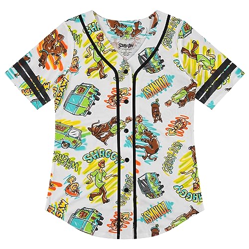 Listado de Shaggy blanco Top 10. 47 Scooby-Doo - playera de béisbol para mujer, diseño de dibujos animados, con botones de malla de dibujos animados, Scooby, Shaggy, Daphne, Velma, Blanco negro, M