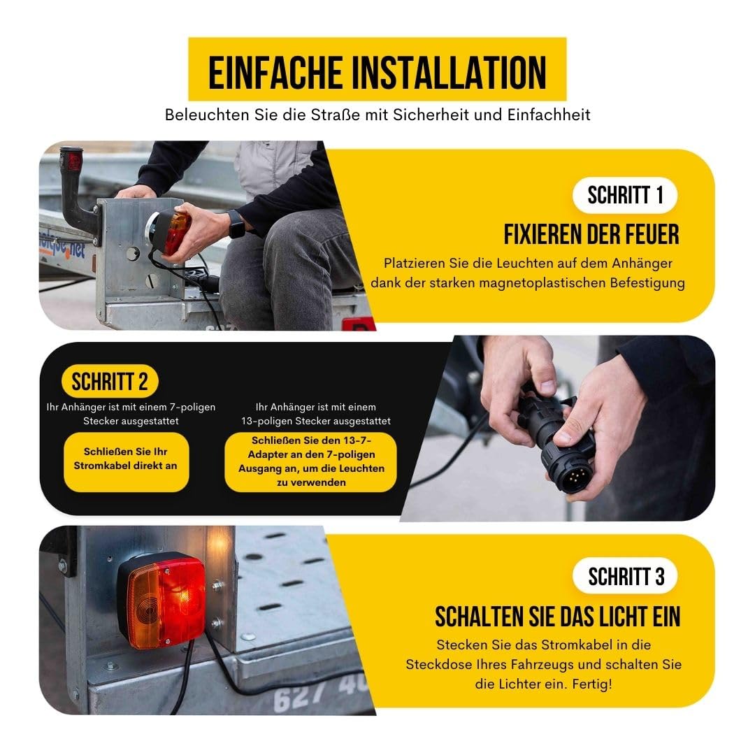 Anhänger Rückleuchten Set magnetisch – Rücklicht Anhänger 12 V Halogen – wasserdichte Anhängerbeleuchtung – 7 m Kabel & 13-auf-7-pol Adapter – Drivegear Komplettset