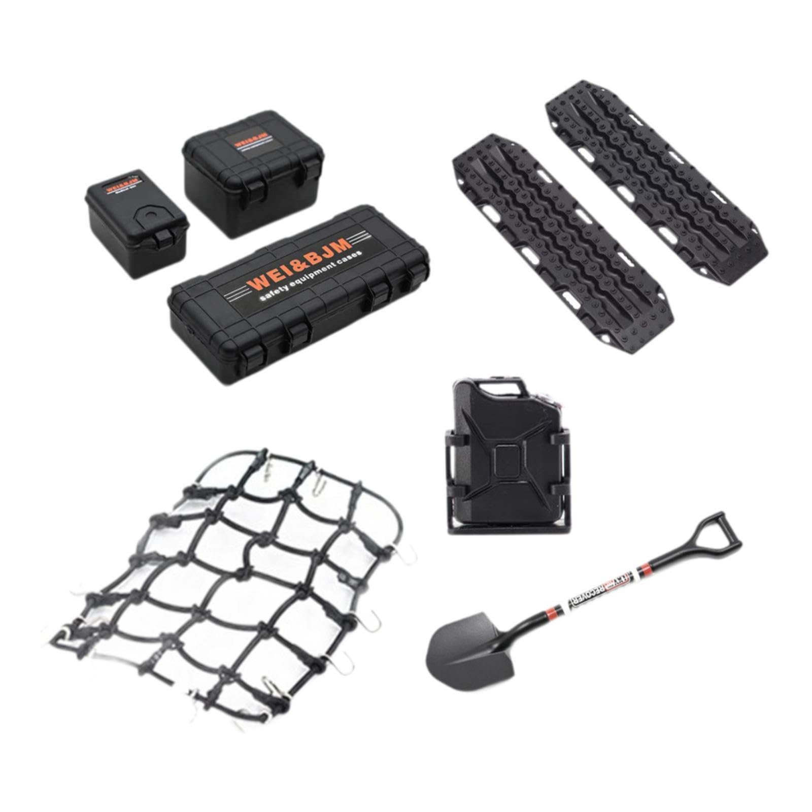 8 Piezas Accesorios para Coche RC Crawler 1 10 con Maletas Tanque de Combustible Red de Equipaje Placas Protectores Pala Simulación Detallada Y, Negro