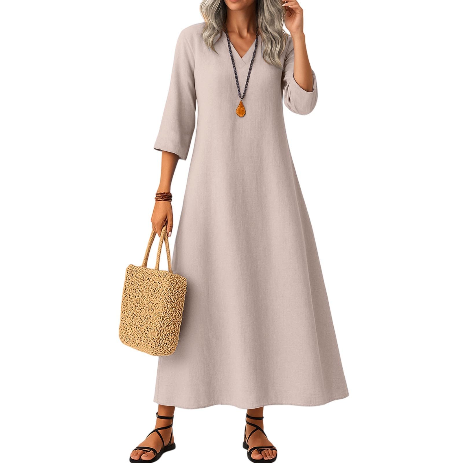 Casual Cotton Maxi Dress for Women 2026, Summer Boho 3/4 Sleeve Cotton Linen Long Dress Elegant Dressy for Women