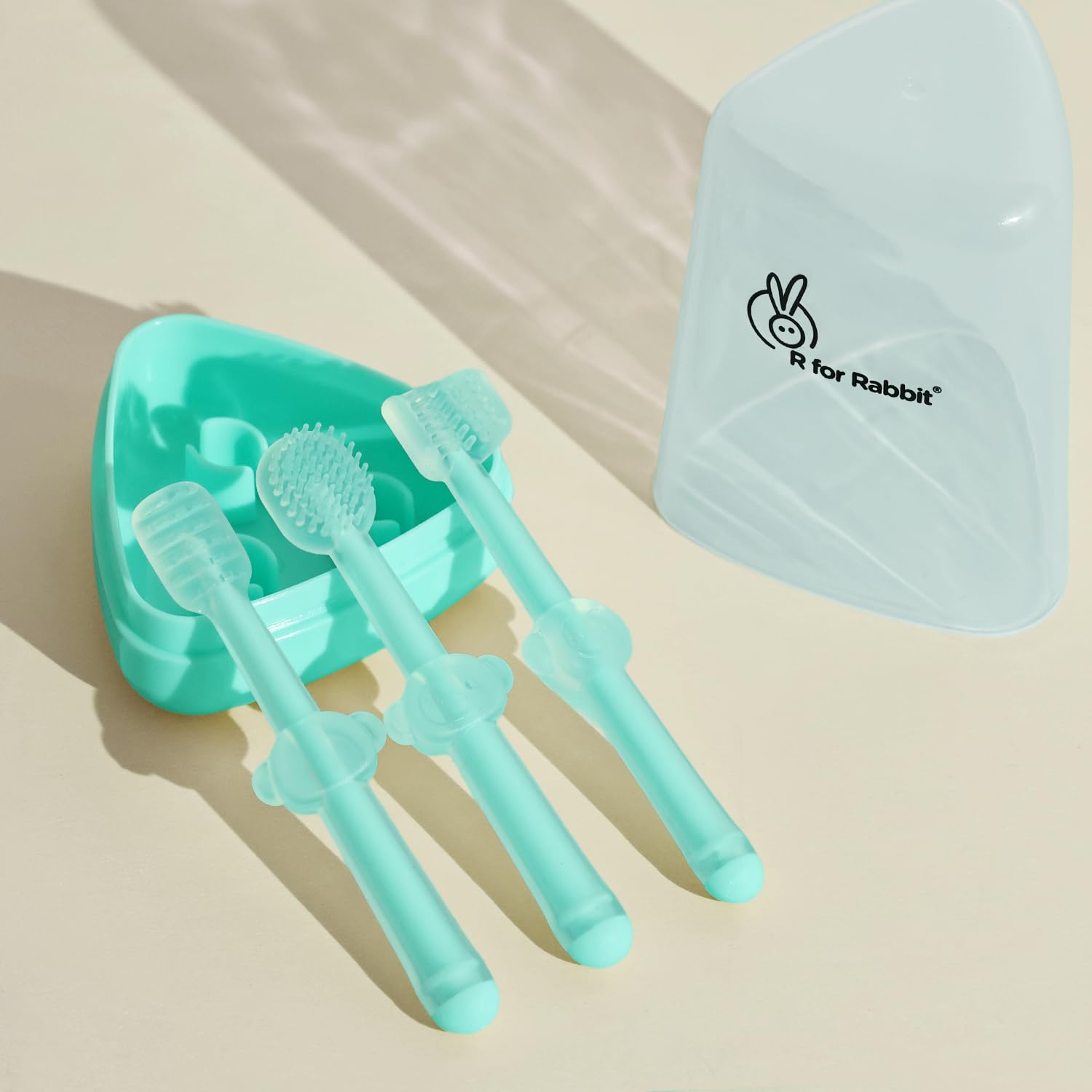 R for Rabbit Tiny Smiles Pixie 3-in-1 Baby Toothbrush Set BPA-Free Silicone | Gum Massager, U-Shape & Toddler Brush with Travel Case (3Pcs) | Ultra Soft Teeth Cleaner for 0-18 M Babies (Lake Blue)