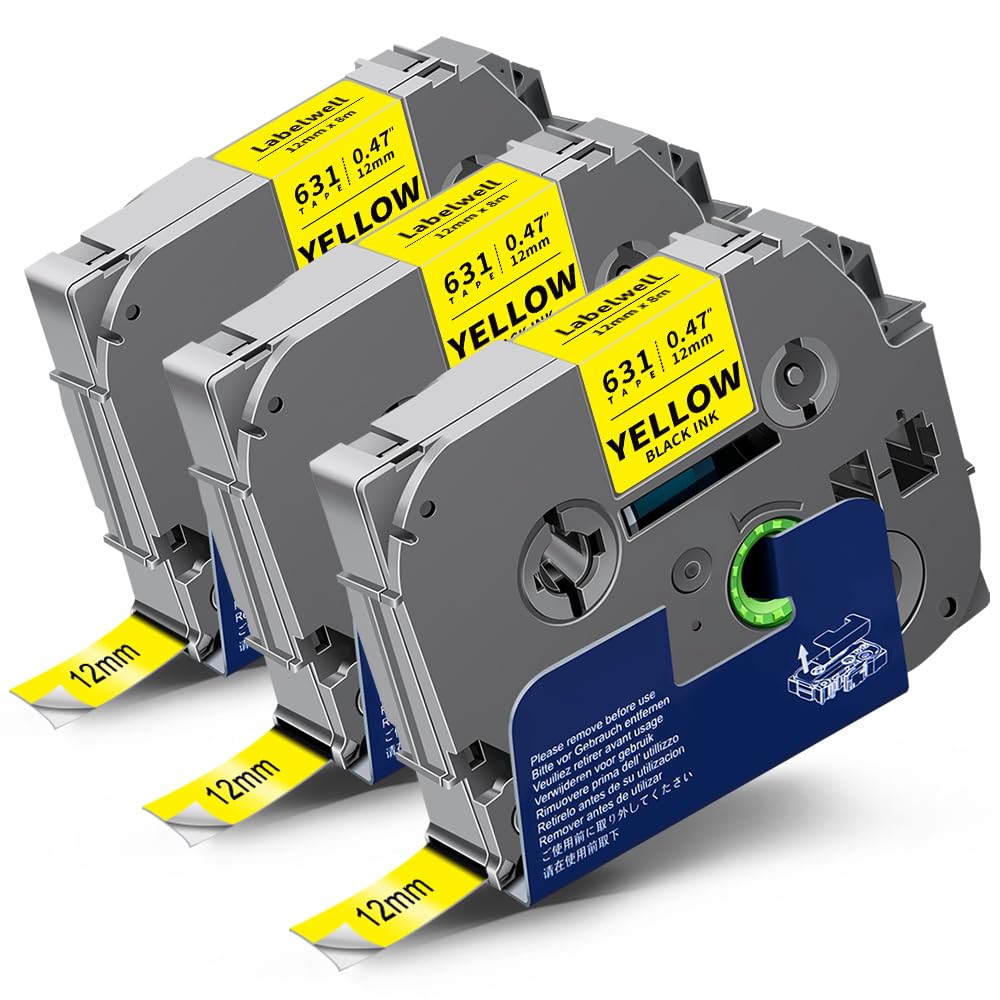Labelwell TZe-631 TZ 12mm 0.47 Laminated Black on Yellow Compatible with Brother P Touch Label Tape TZe631 Refills for Brother Ptouch PTH110 PT-D220