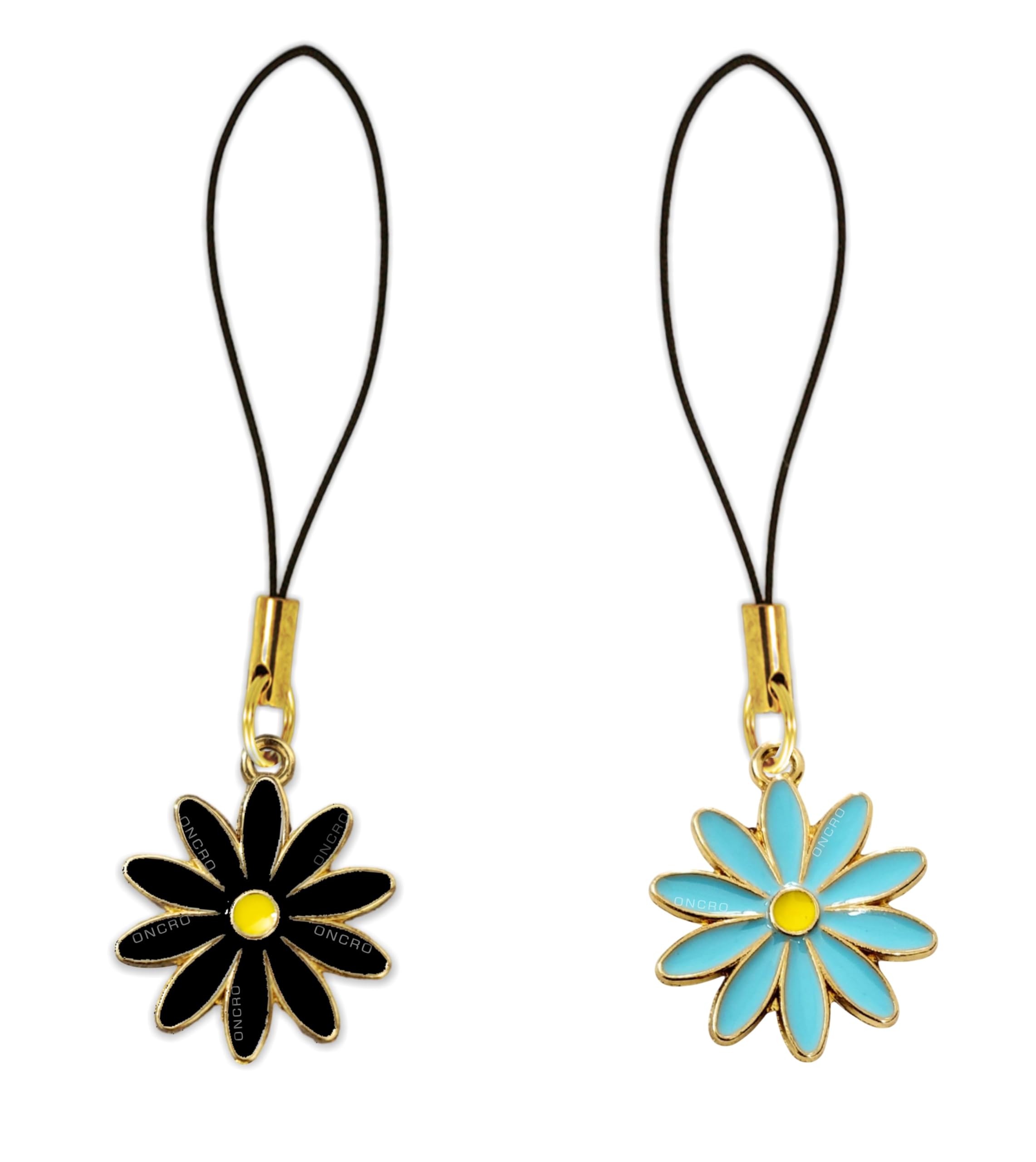 ONCRO® Pack of 2 Lucky Daisy Cute Flower pendant phone charms Black Blue Firozi aesthetic for girls hanging keychain key ring gold accessories necklace bracelet clasp thread Ornament Smart combo-image-38