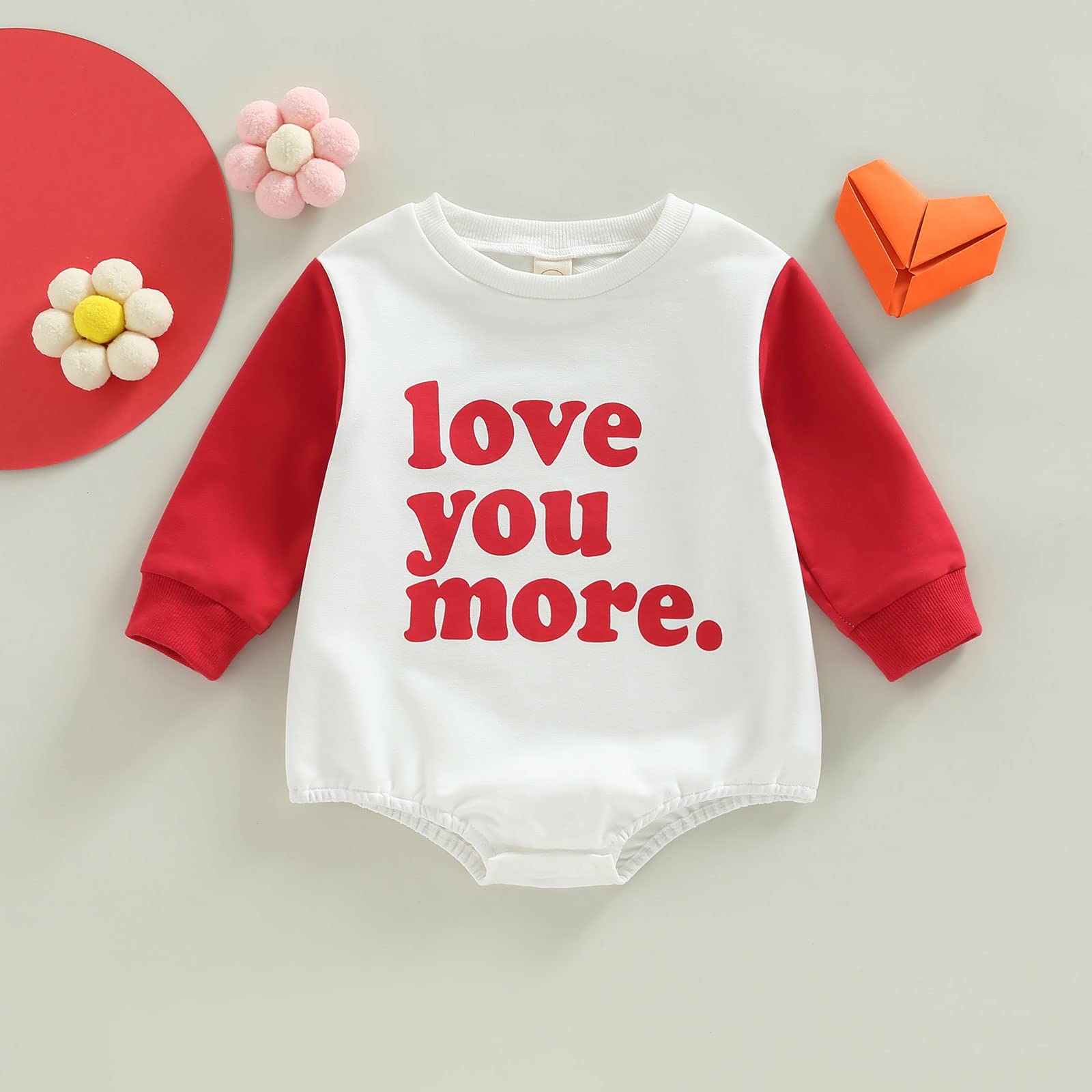 DNOMAID YZARC Valentines Baby Girl Boy Outfit Heart Crewneck Bubble Romper Sweatshirt Long Sleeve Bodysuit Sweater Tops (Red love you more, 0-3 Months)