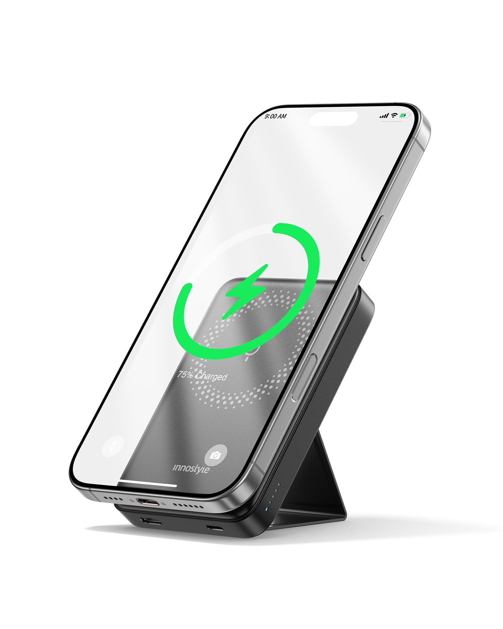 Innostyle Magnetic Wireless Charger, 10000mAh Portable Power Bank with Foldable Stand, Slim Battery Pack, Fast Charging