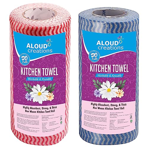 Image of ALOUD CREATIONS Non Woven Reusable Kitchen Towel Roll - Pack of 2 (80 Pulls Per Roll, 160 Sheets) | Highly Absorbent Multipurpose Washable Tissue Rolls For Wipes, Spills and Cleaning Kitchen Slabs