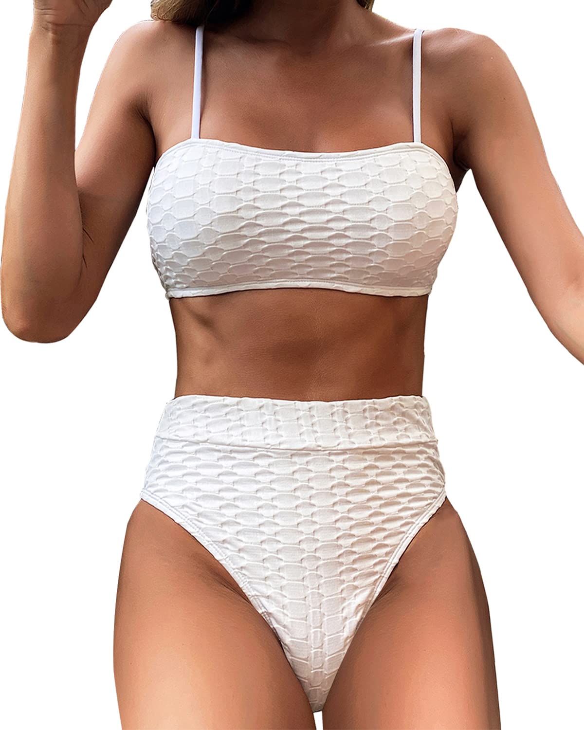 SherryDCWomen's High Waisted Bikini Set Spaghetti Strap Bandeau Swimsuit High Cut Bathing Suit