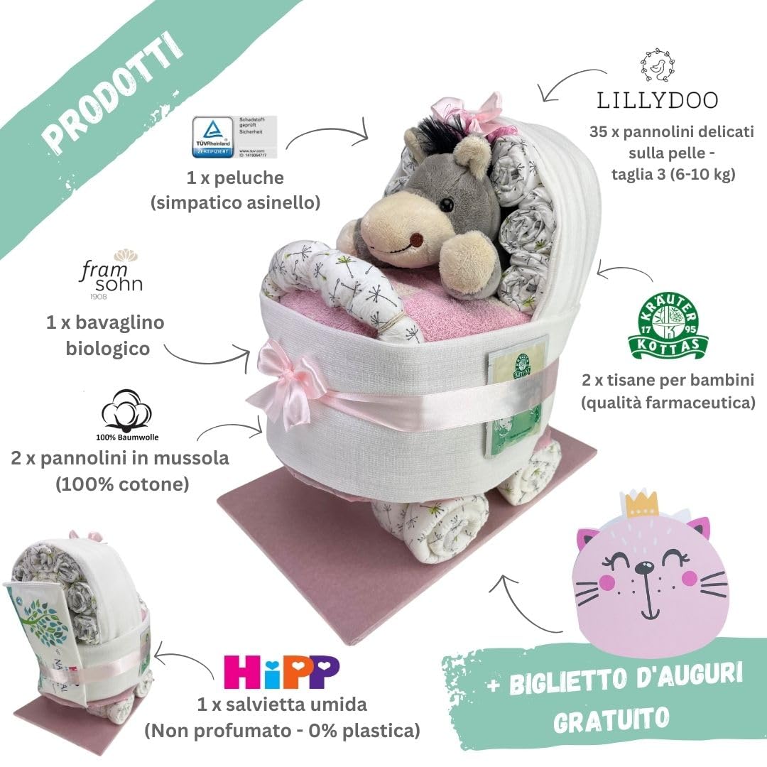 myBambini ® Torta di pannolini - Passeggino con peluche – regalo per nascita – baby shower – puller party (rosa) Regalo per la nascita - Salviette umidificate - Fazzoletti per il ruttino