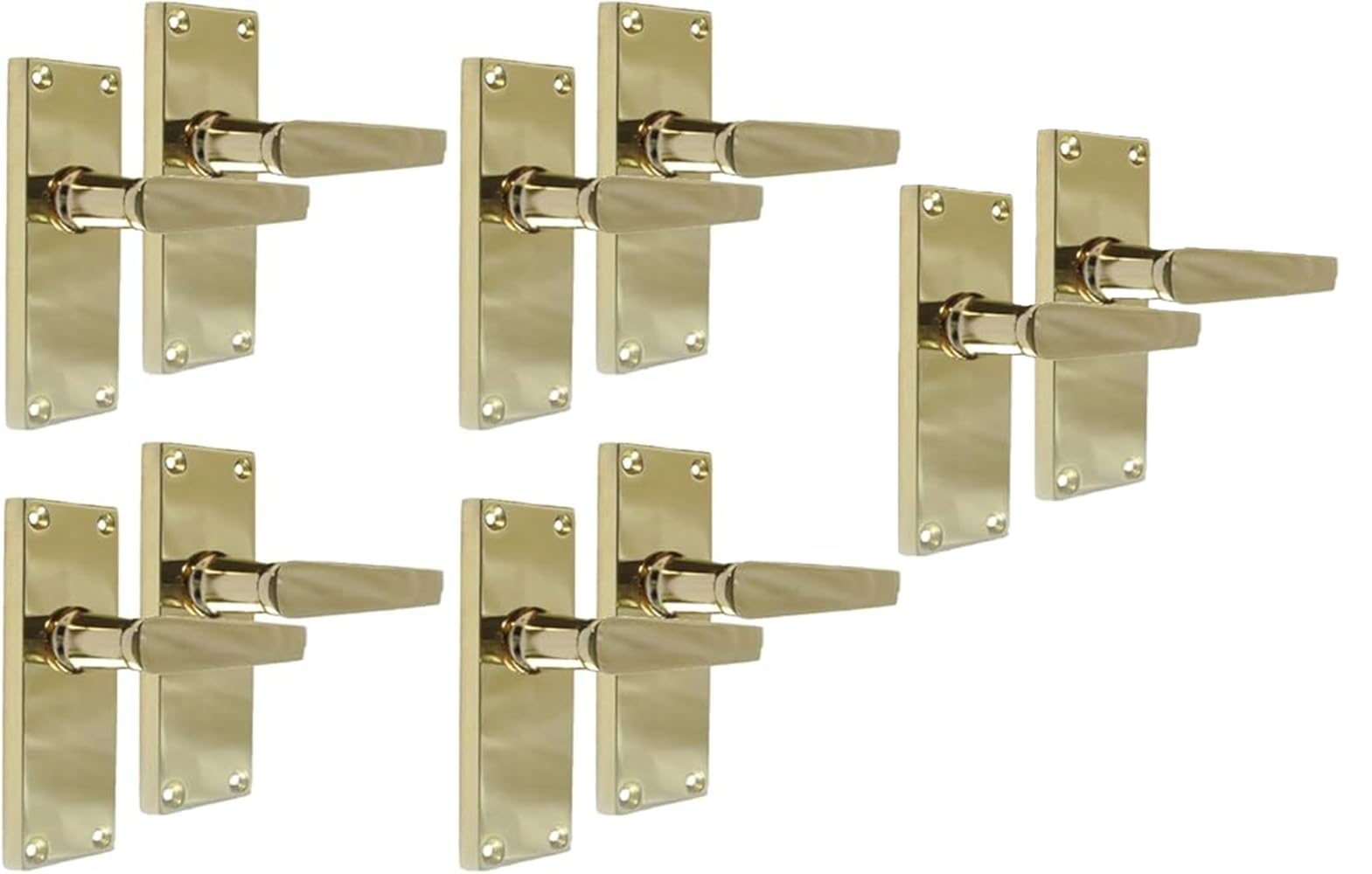 Haven Heritage® Door Handles – Polished Electro Brass Plated Straight Lever Latch Handles (5 Pairs) | Victorian Style Internal Door Handles | 118mm x 42mm Backplate with Screws & Spindle