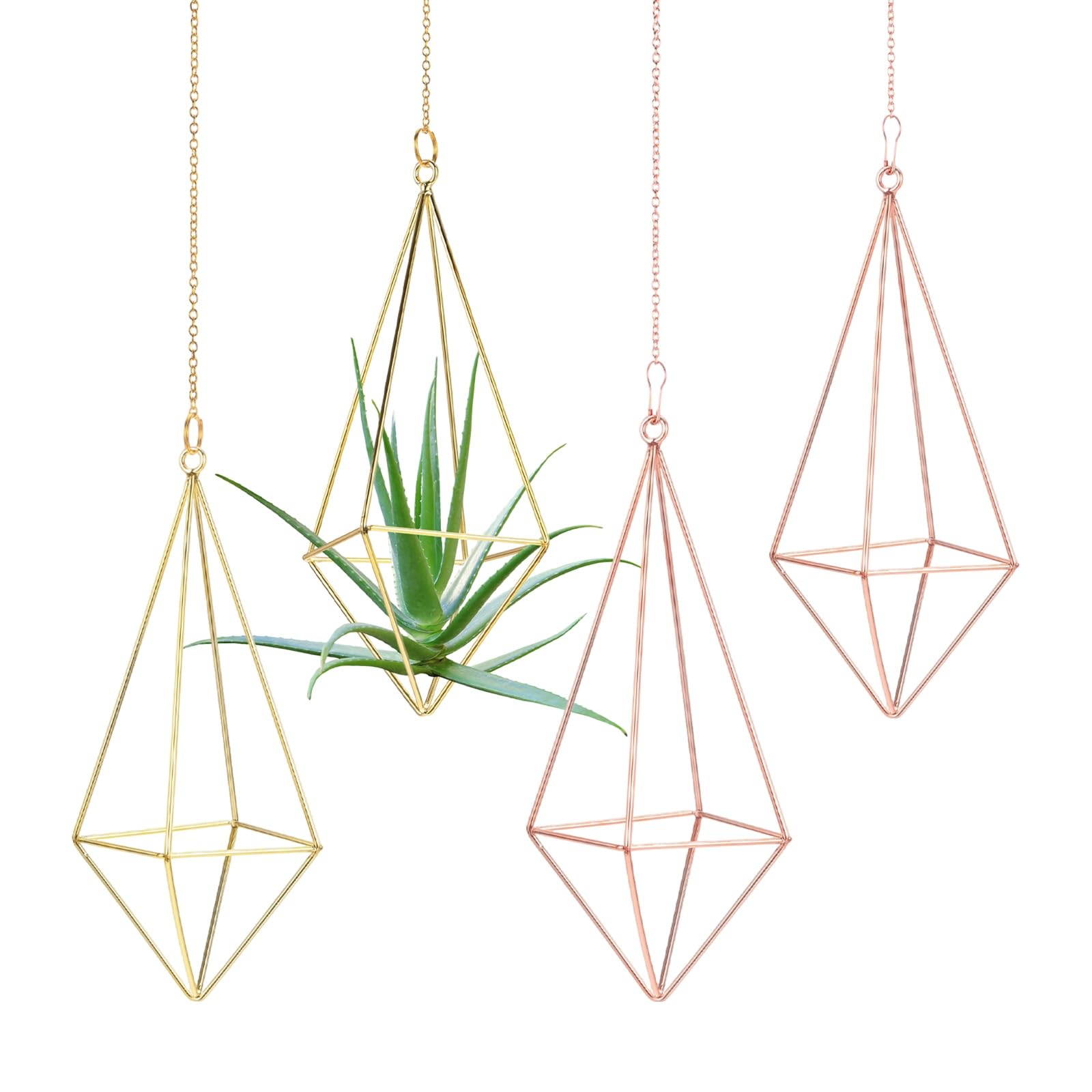M METERXITY 2-Pack Hanging Air Plant Holders, Square Metal Geometric Hanging Tillandsia Holder with Metal Chain for Home Decor/Small Indoor Outdoor Plants [Gold Tone, Rose Gold, 7.5" H]