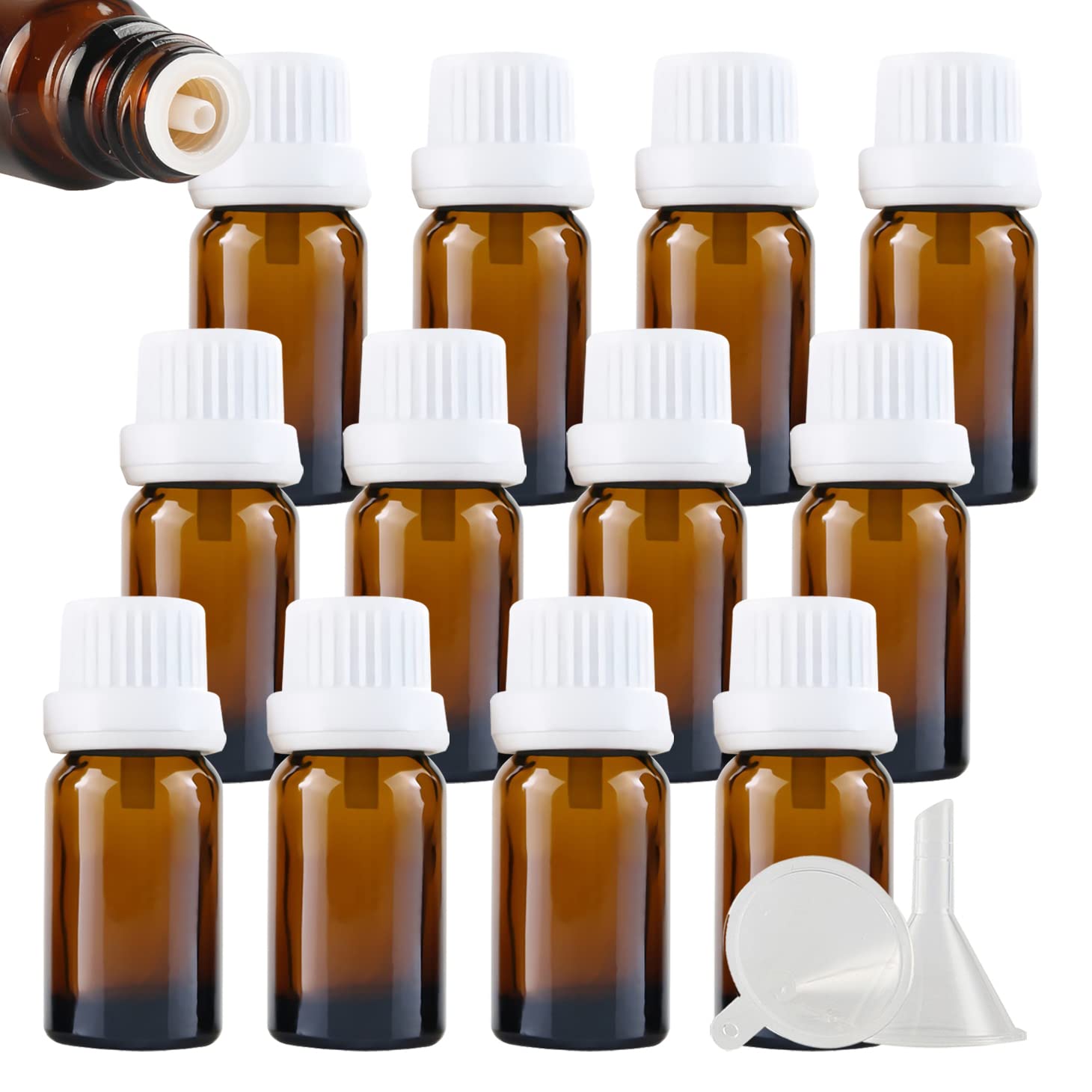 24 Pezzi Bottiglietta di Vetro per Oli Essenziali da 10 ml Ambra Marrone Bottiglia con Tappo di Sicurezza Bianco con Contagocce Interno a Caduta, Contenitori di Aromaterapia