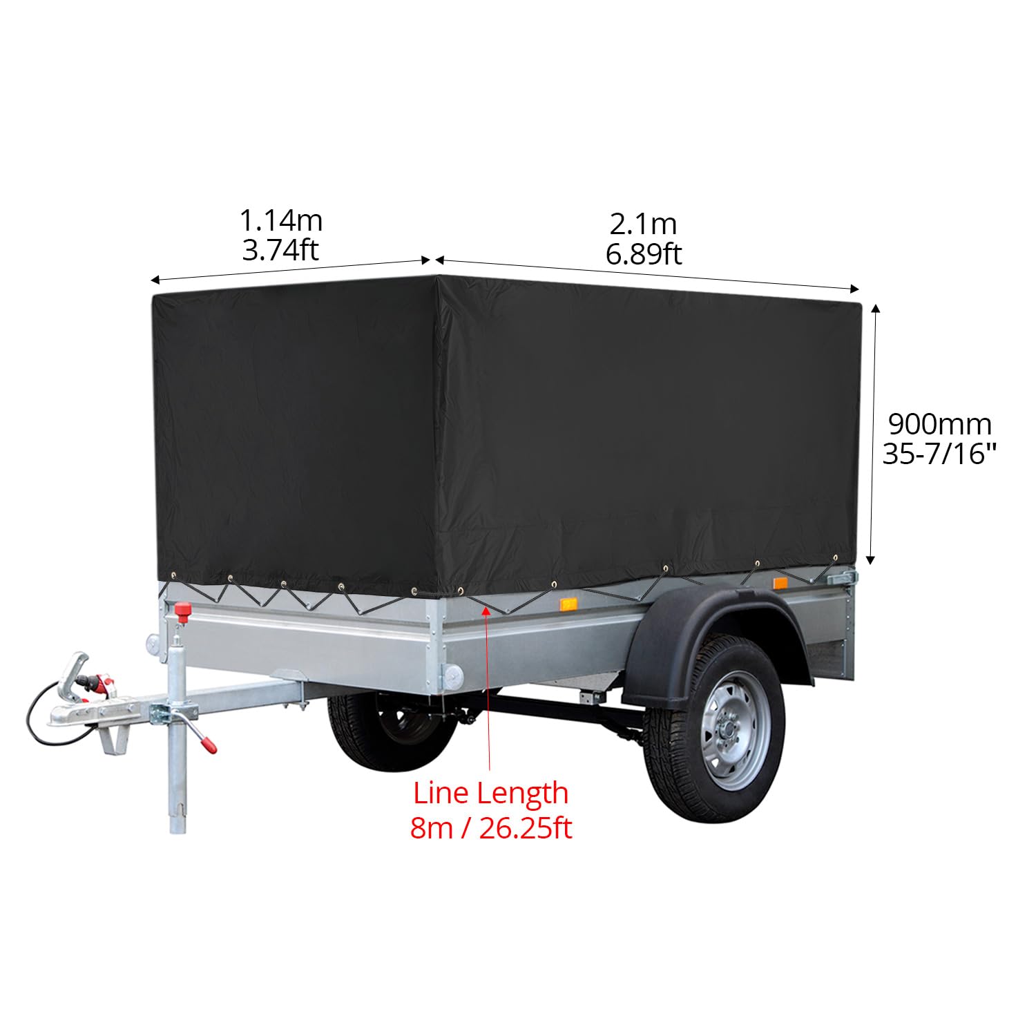 QWORK® Lona per Remolque Plana con Cuerda de Lona 210x114x90 cm, Material de PVC 420D,para Remolque de automóvil 750 kg (Negro)