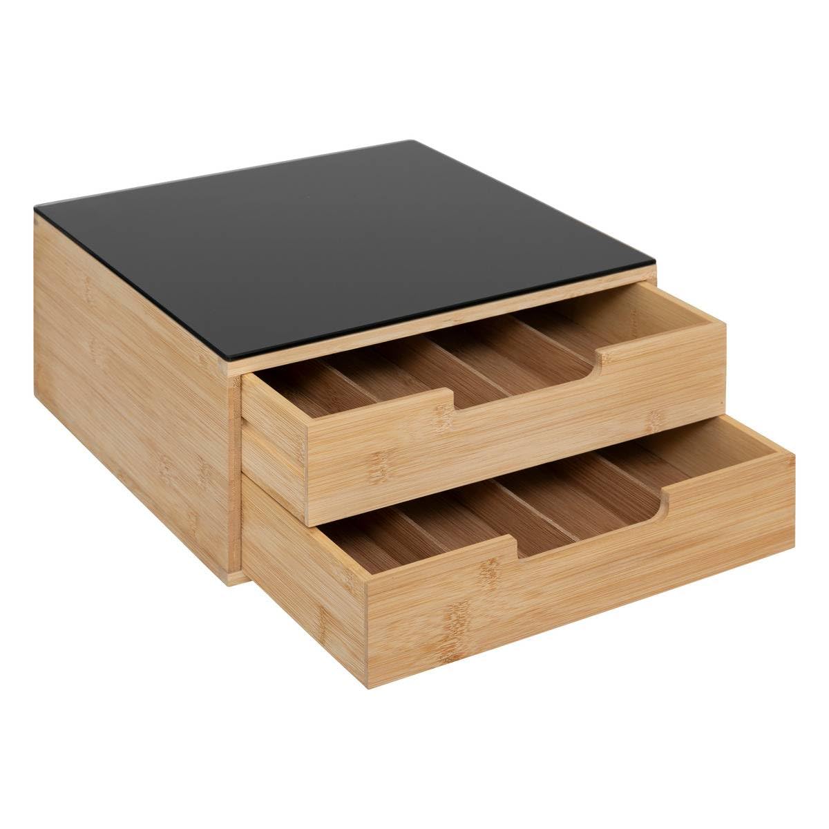 5five - Soporte para cápsulas de bambú negro (30 x 30 x 14,5 cm), bambú, 2 cajones, divisores ajustables - Soporte para cafetera, almacenamiento de cápsulas
