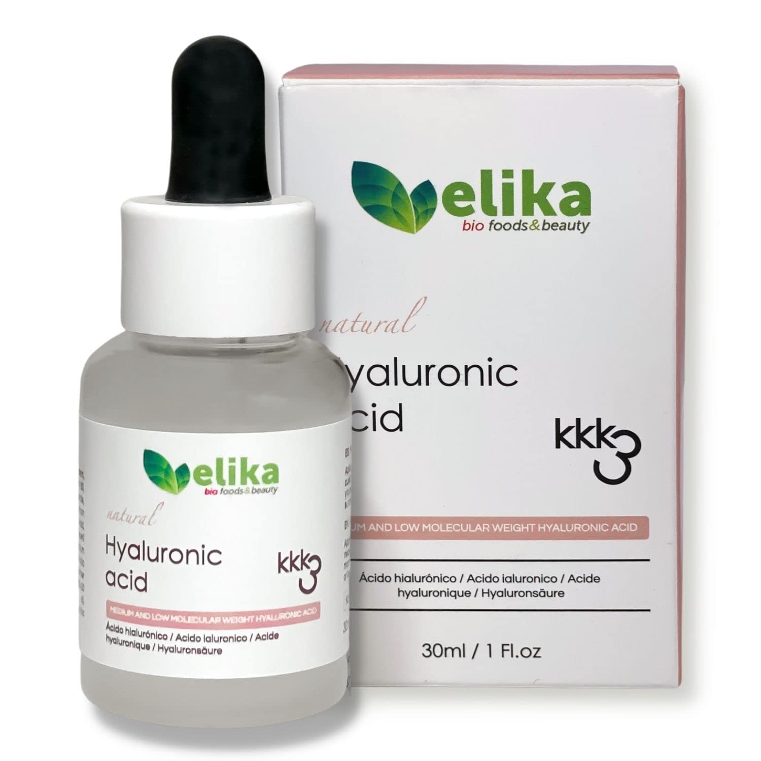 Ácido Hialurónico puro “Koko” de Elikafoods®. Sérum facial hyaluronic 3K, triple efecto antiedad, ultrahidratante y reafirmante, prevención antienvejecimiento. Indicada para todo tipo de piel, 30ml.