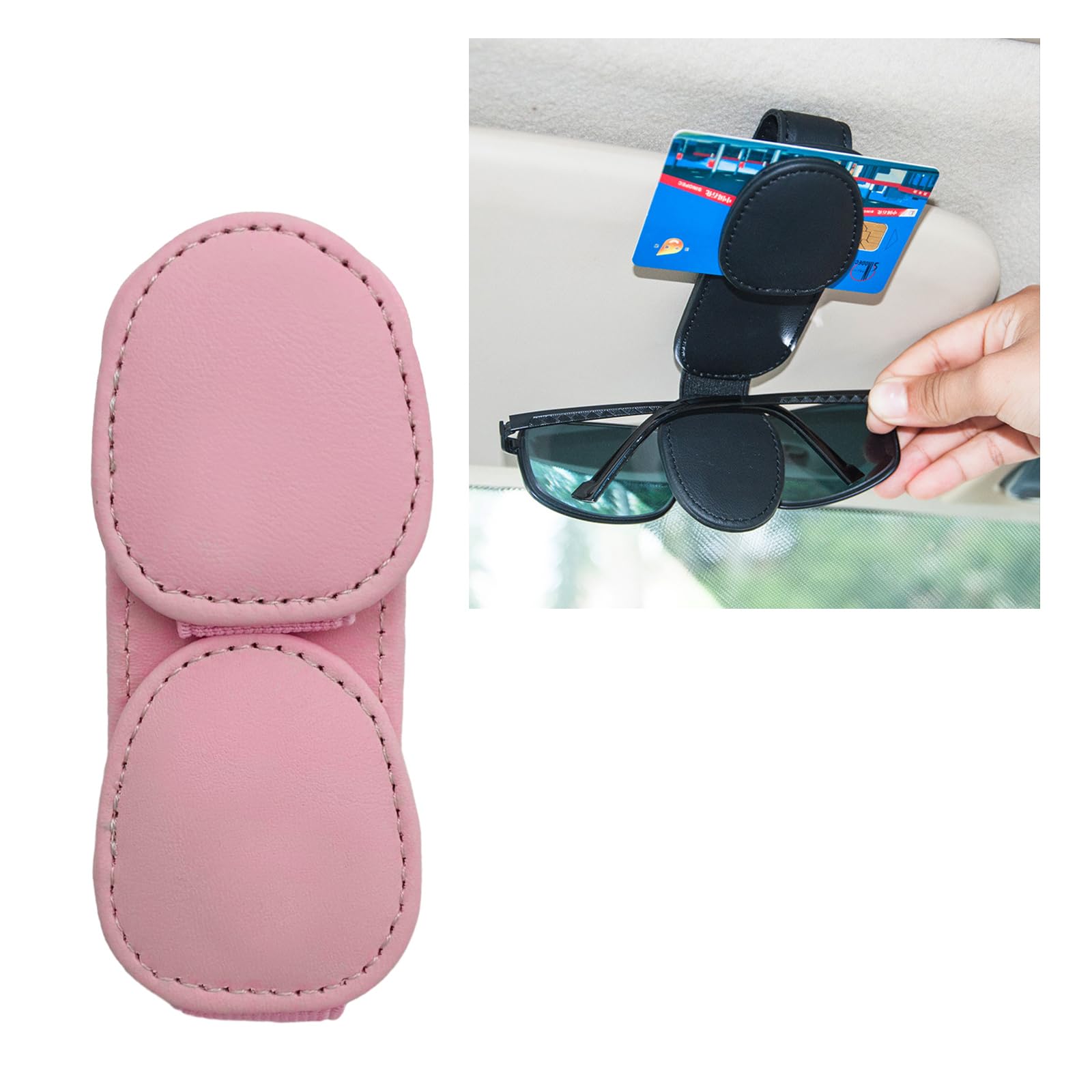 povtii Sunglasses Holder for Car Visor, Magnetic Leather Auto Glasses Eyeglass Hanger Clip, Double Ends Sun Visor Ticket Card Clip Eyeglasses Mount, Interior Car Accessories (Pink)