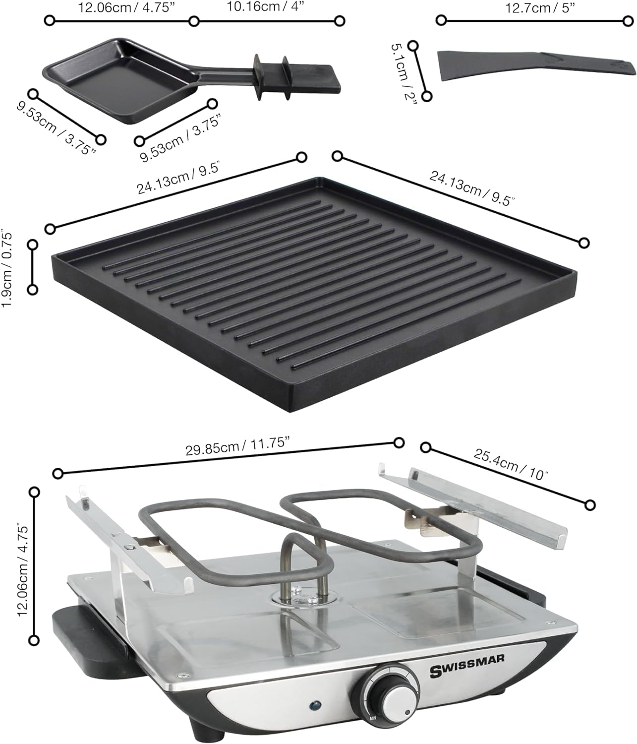 Swissmar Geneva Raclette grill do raclette dla 4 osób, z patelniami i suwakami, mini grill raclette z płytą grillową z powłoką zapobiegającą przywieraniu i 4 patelniami do raclette, 800 W