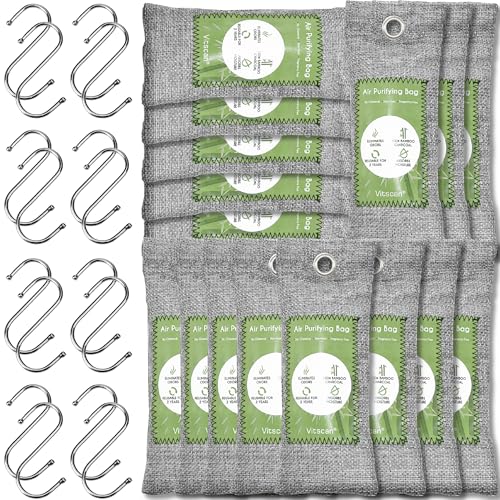 Paquete de 16 bolsas purificadoras de aire de carbón de bambú, bolsas de carbón activado absorbente de olores, absorbente de humedad, ambientador natural para automóvil, desodorante para (16x50g)