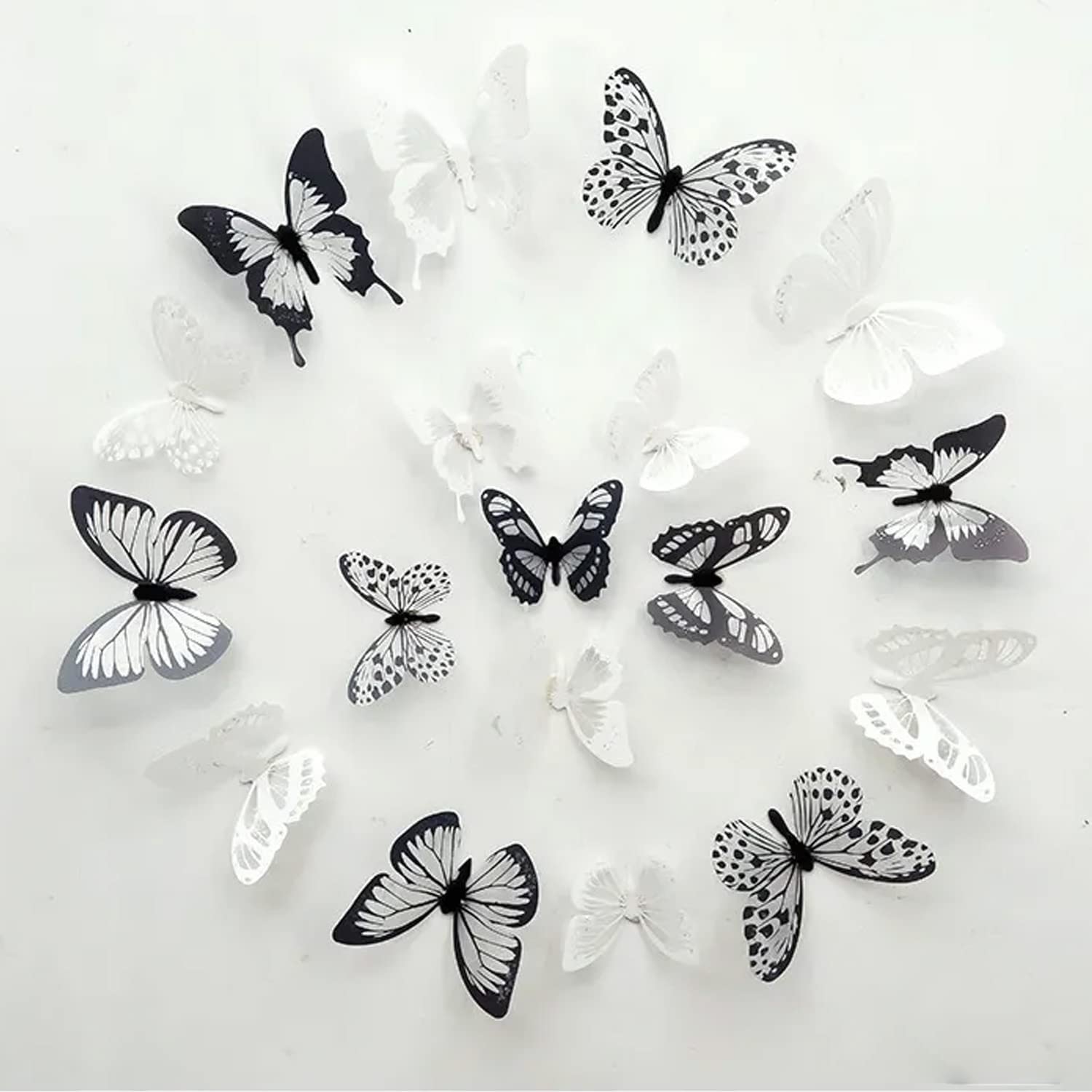 Xtore 18 pcs 3D Home Decor Black & White Shiny Butterfly | Beautiful Decor Item | Comes with Sticking pad - (Set of 18, Black & White)