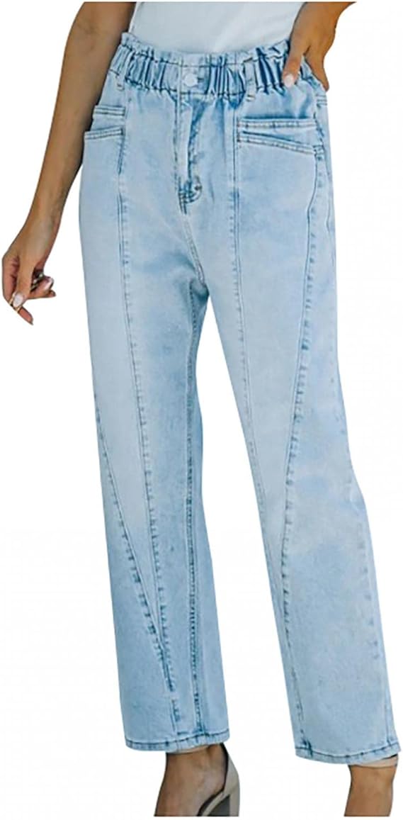 Amazon Lisusut ウエストゴム デニム ストレート パンツ ストレッチパンツ レディース パンツ デニム 大きいサイズ ウエストゴム レディース ハイウエスト ロングパンツ ズボン カジュアル ゆったり ファッション 春夏秋 ジーンズ 通販