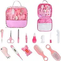 Kit Higiene Bebe Recém Nascido,Estojo Cuidado Bebê com 13 em 1 com Tesoura, Pente para Bebe, Termômetro, Cortador de Unhas, Lixa de Unhas e outros Kit Maternidade- Linha Premium (Rosa)