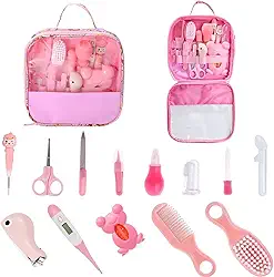 Kit Higiene Bebê Premium 13 em 1 - Estojo Completo com Tesoura, Pente, Termômetro, Cortador - Bolsa Organizada e Livre de BPA (Rosa) (Rosa)
