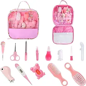 Kit Higiene Bebe Recém Nascido,Estojo Cuidado Bebê com 13 em 1 com Tesoura, Pente para Bebe, Termômetro, Cortador de Unhas, Lixa de Unhas e outros Kit Maternidade- Linha Premium (Rosa)