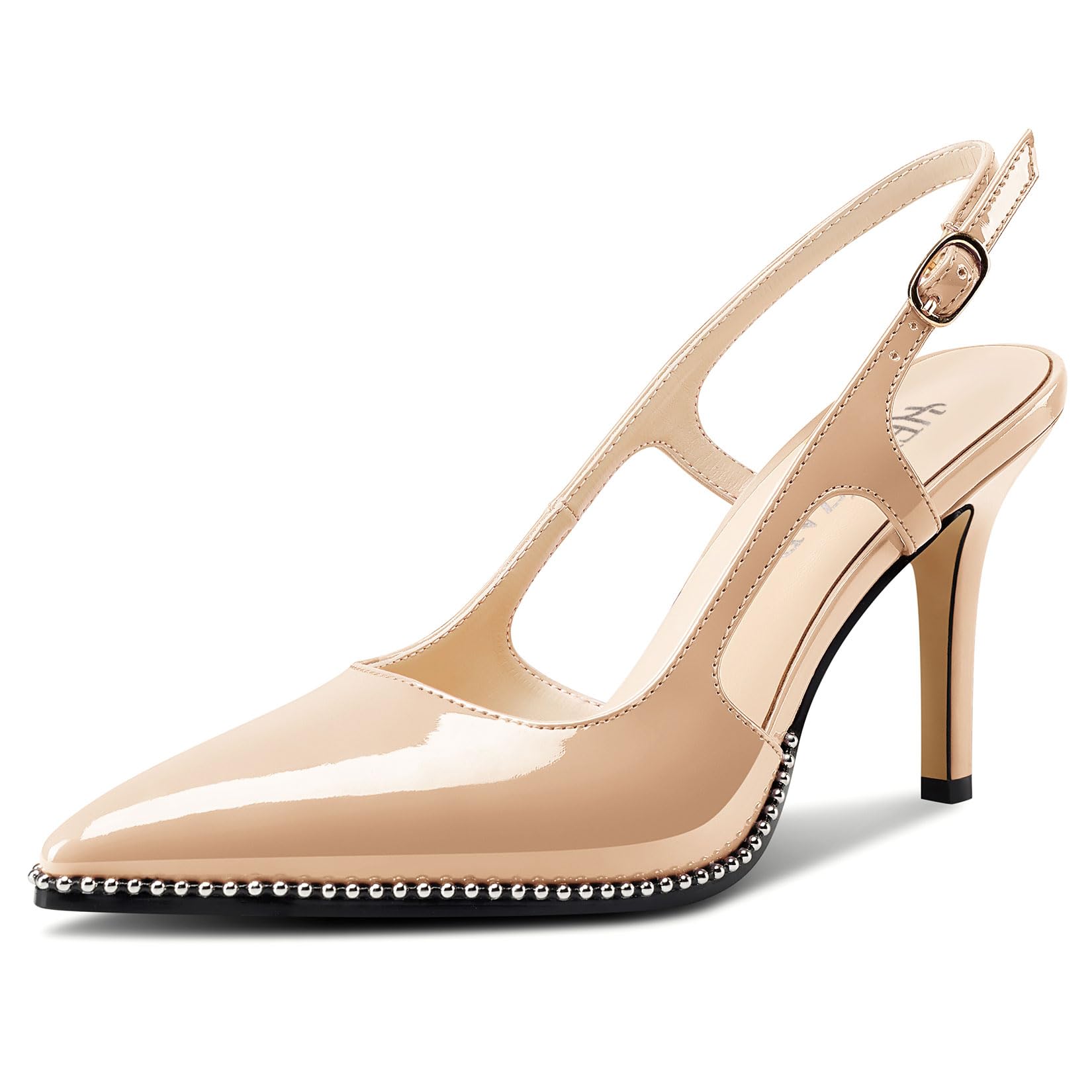 HEUIVZAR Womens Beaded Pumps Slingback Stiletto High Heels Pointed Toe Slip-on Sandals Adjustable Buckle Pearls Patent Leather Dress Shoes 3.5 Inches