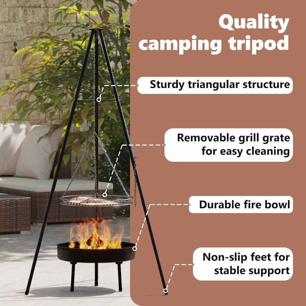 vidaXL Trípode para Fogata 3 pcs Negro Acero, Jardín y Terraza, trípode Triangular para Acampar, Soporte de Cocina Ajustable, Soporte de Fuego, Equipo portátil