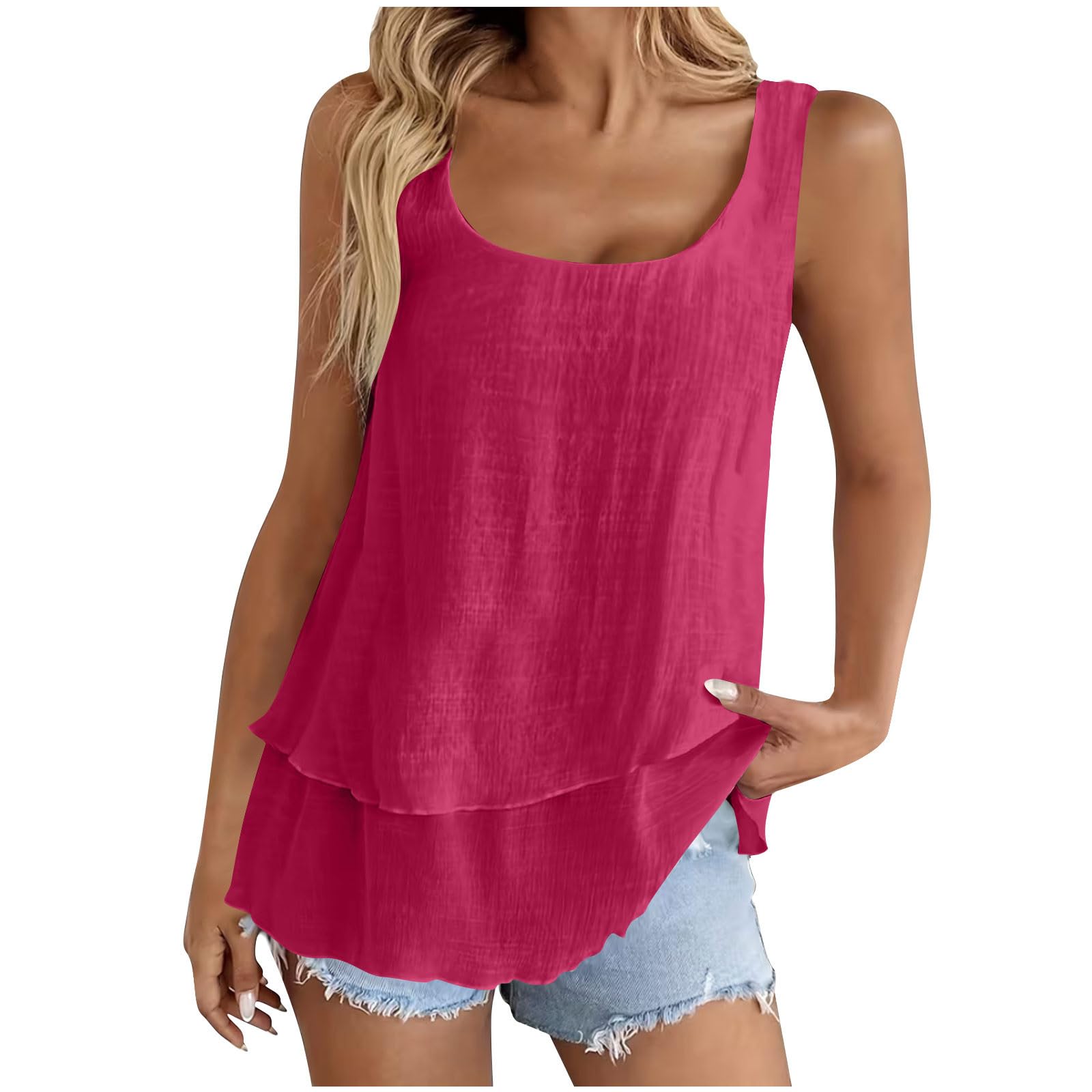 Tank Top Damen Sommer,V-Ausschnitt Doppelter Saum Leinenbluse Elegante Ärmellose Shirts Leinenshirt Baumwolle Einfarbige T-Shirts Basic Blusentop Musselin Tanktops für Urlaub Strand