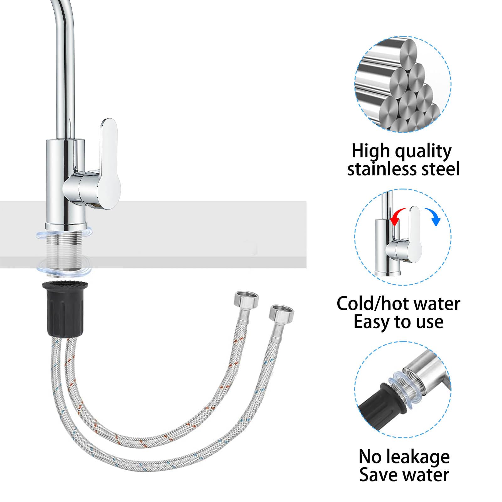 Kitchen Taps Kitchen Sink Tap Mixer Chrome Single Lever 360 Swivel Spout and Hoses Monobloc Mixer Tap for Sink 1 Hole High Arc Zamery Stainless Steel Faucet - Image 4