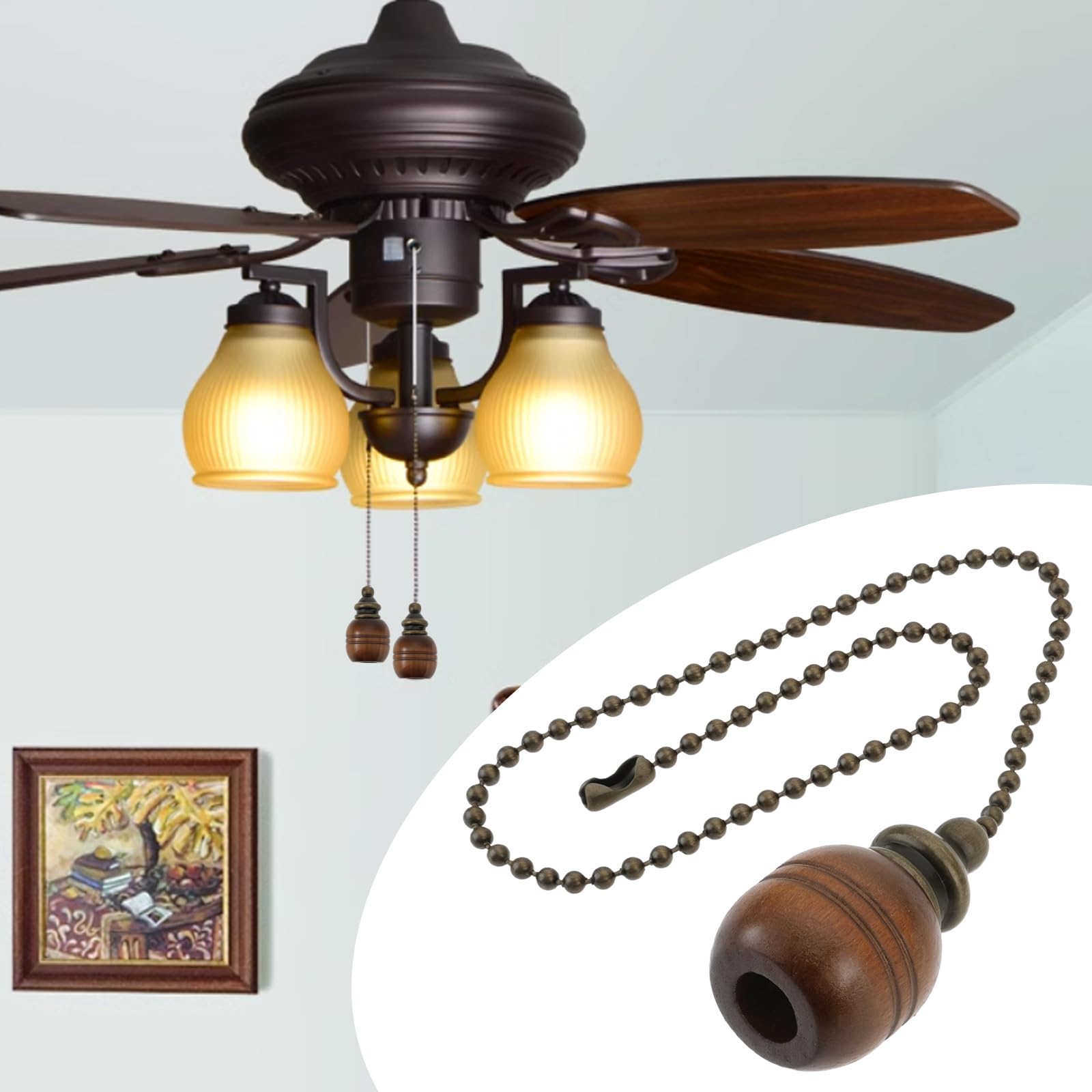 ECSiNG 3pcs 3.9x2.3cm Decorative Wooden Ceiling Fan Pull Chain Extension Bronze 12-Inch 30cm Pull Chains Set for Ceiling Light Lamp Fan - Image 2