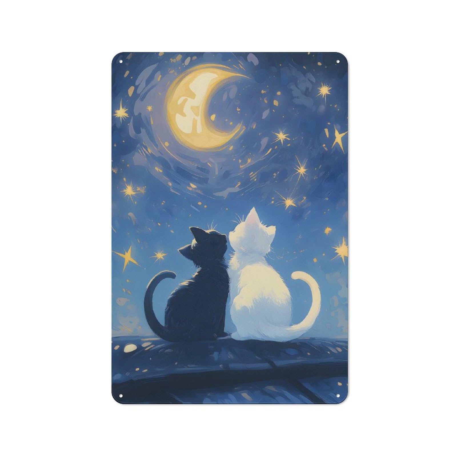 Junmoney Cats Under The Moon - Cat Lovers Tin Wall Plaque 30X20cm With For Workshop Wall, Suited To Makers And Diy Enthusiasts