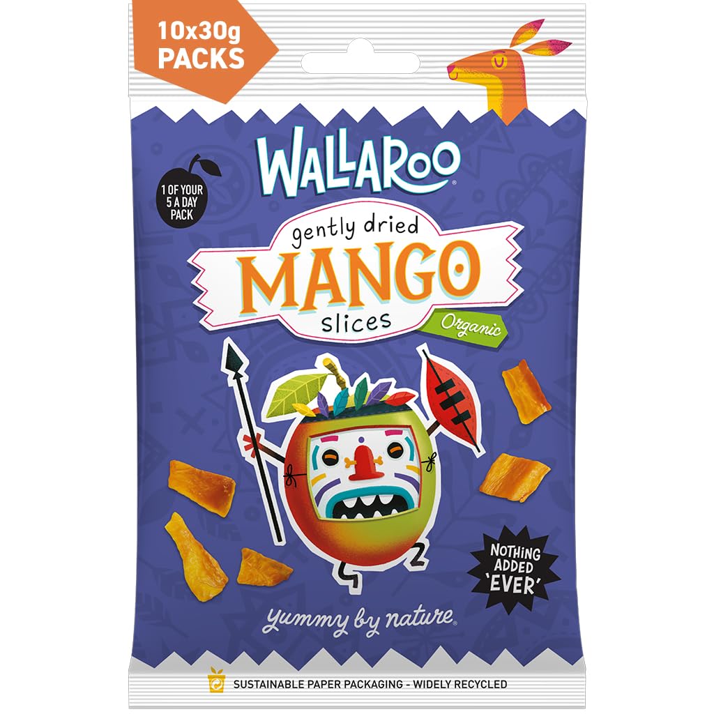 Wallaroo Healthy Snacks - Organic Dried Mango | 100% Mango, No Added Sugar | Organic Fruit, High Fibre, Low Calorie, No Preservatives, Nut Free | Dried Fruit Snacks | Multipack 10x30g