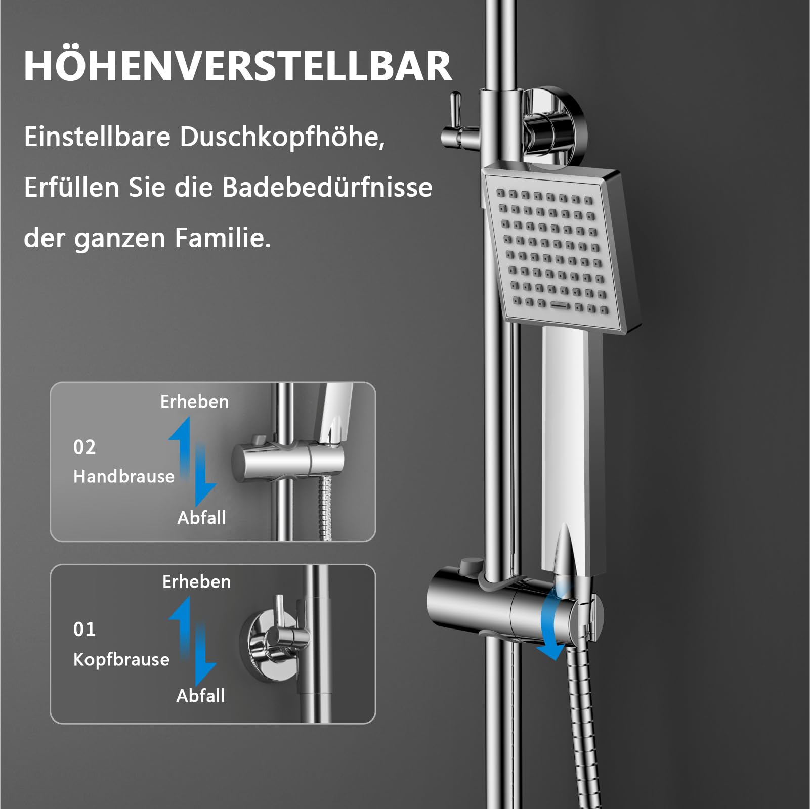 KOMIRO Duschset mit Armaturen, Duschsystem, Regendusche mit Einhebelmischer-Brausearmatur, verstellbarer Brausestange und quadratischem Duschkopf, Silber, Quadrat