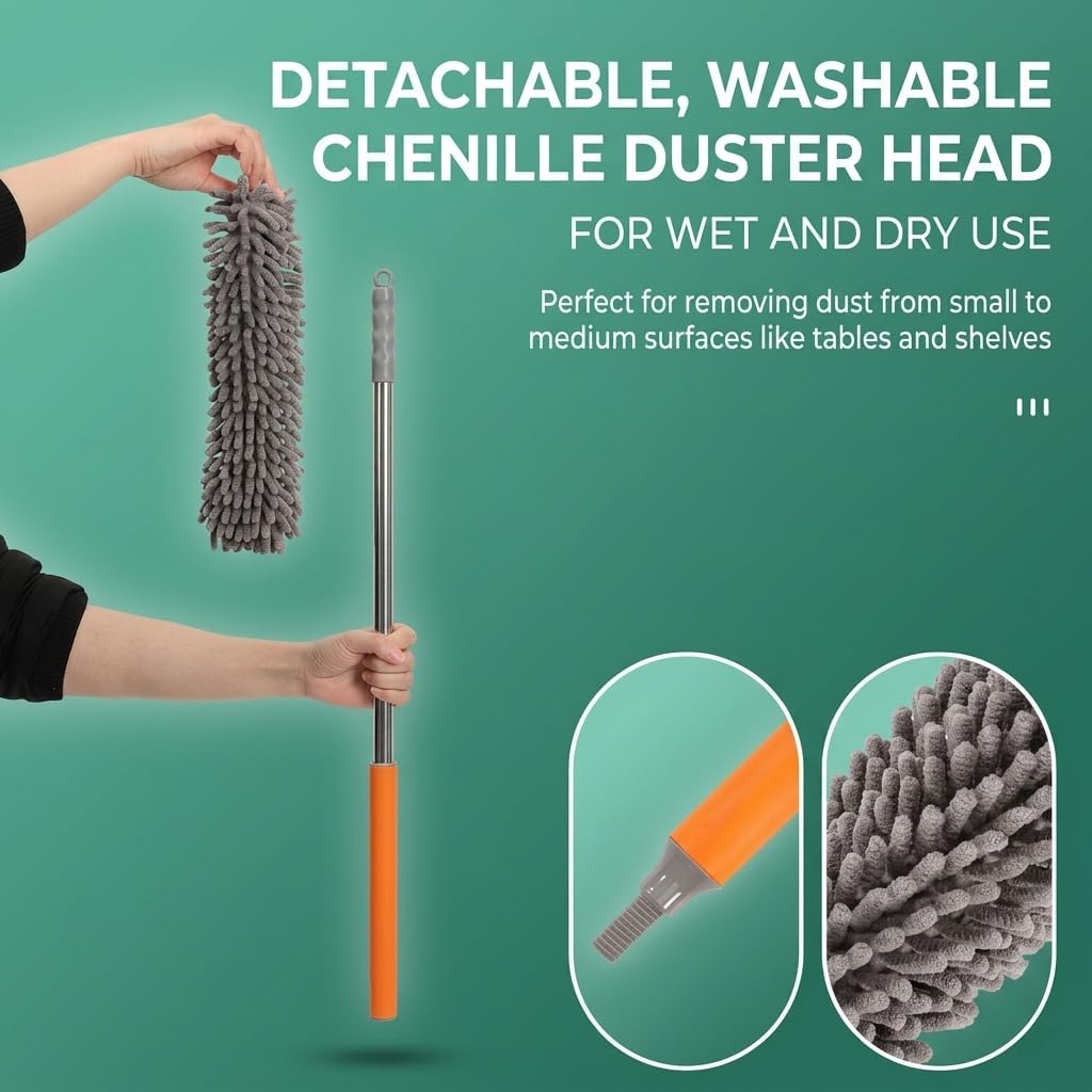 5-in-1 Extendable Microfiber Duster Kit, 100 Inch Long Handle Ceiling Fan Duster with Cobweb Brush, Chenille Head and Crevice Brush, Bendable Washable High Ceiling Cleaner for Blinds Furniture