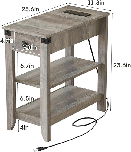Miniatura 3 de Fameill Juego de 2 mesas auxiliares para sala de estar, mesa auxiliar estrecha con estación de carga, mesita de noche pequeña para espacios