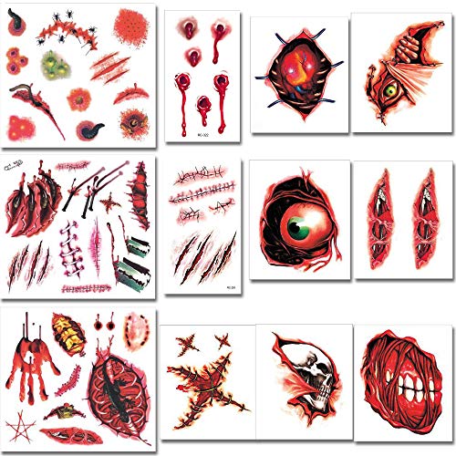 Halloween Temporary Tattoos,Betavie 12 Sheets Bleeding Wound Scar Blood for Party Cosplay Costume Look Real Flash Temporary Tattoo