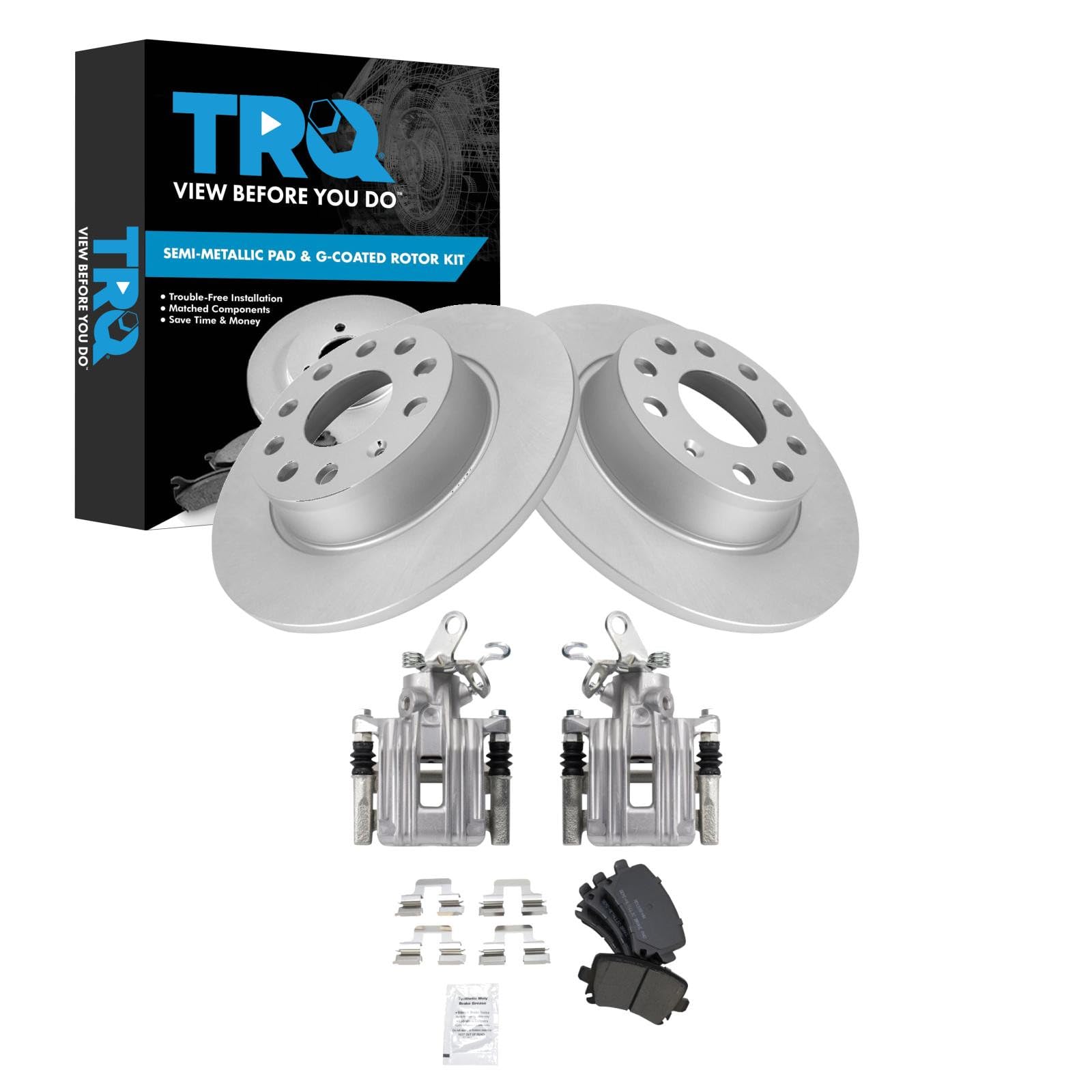 TRQ Rear Brake Pad and Rotor Set Semi Metallic Coated Rotors Calipers Compatible with 2010 Audi A3 A3 Quattro Volkswagen Golf Jetta 2011 GTI