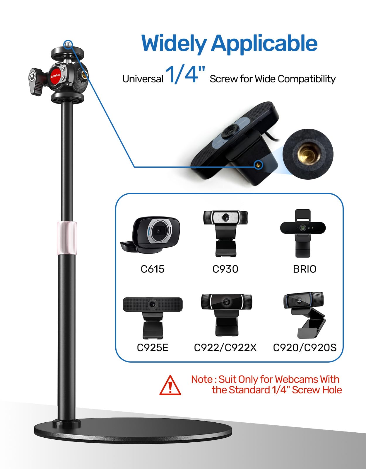 Supporto webcam per scrivania, regolabile in altezza, supporto treppiede per webcam da scrivania per Logitech Brio 4K C922 C930e C920S C920 C960 C920x e altri dispositivi con filettatura da 1/4