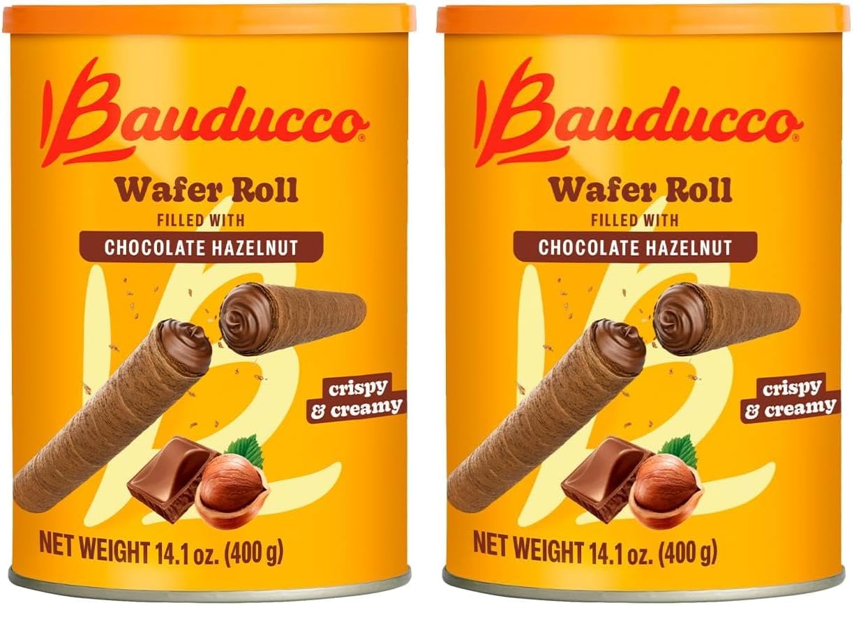Bauducco Wafer Rolls, Chocolate Hazelnut, 14.1 oz (Pack of 2) - Crispy Cream-Filled Cookies - Gourmet Rolled Wafer Sticks - Premium Dessert Treat - Perfect for Coffee, Parties & Gift Baskets - Family Sharing Snack