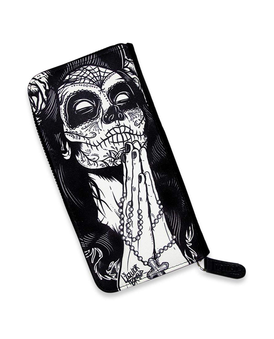 Liquorbrand Gypsy Rose Women's Zip Around Clutch Wallet | Day of the Dead Goth Gothic Rockabilly Dia De Los Muertos Sugar Skull Print