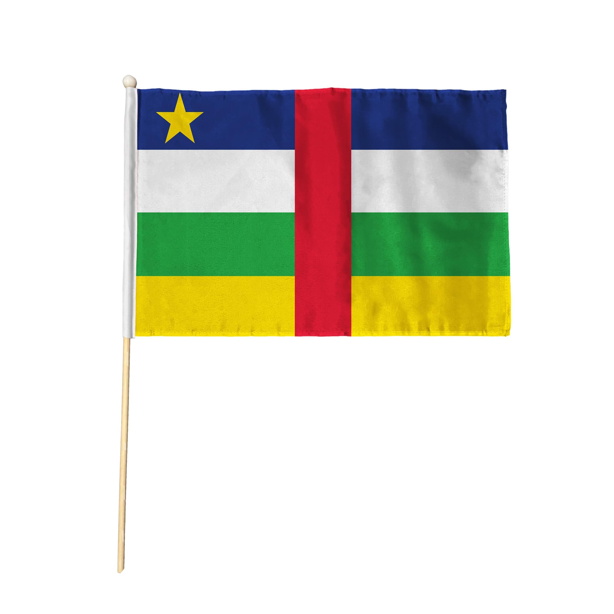 Flagtex Central African Republic Pack of 12 Hand Waving Flag (9x6 Inch) - Premium Wooden Stick Hand Flag Natural Wood Pole CAR National Flag Events Celebrations International Displays