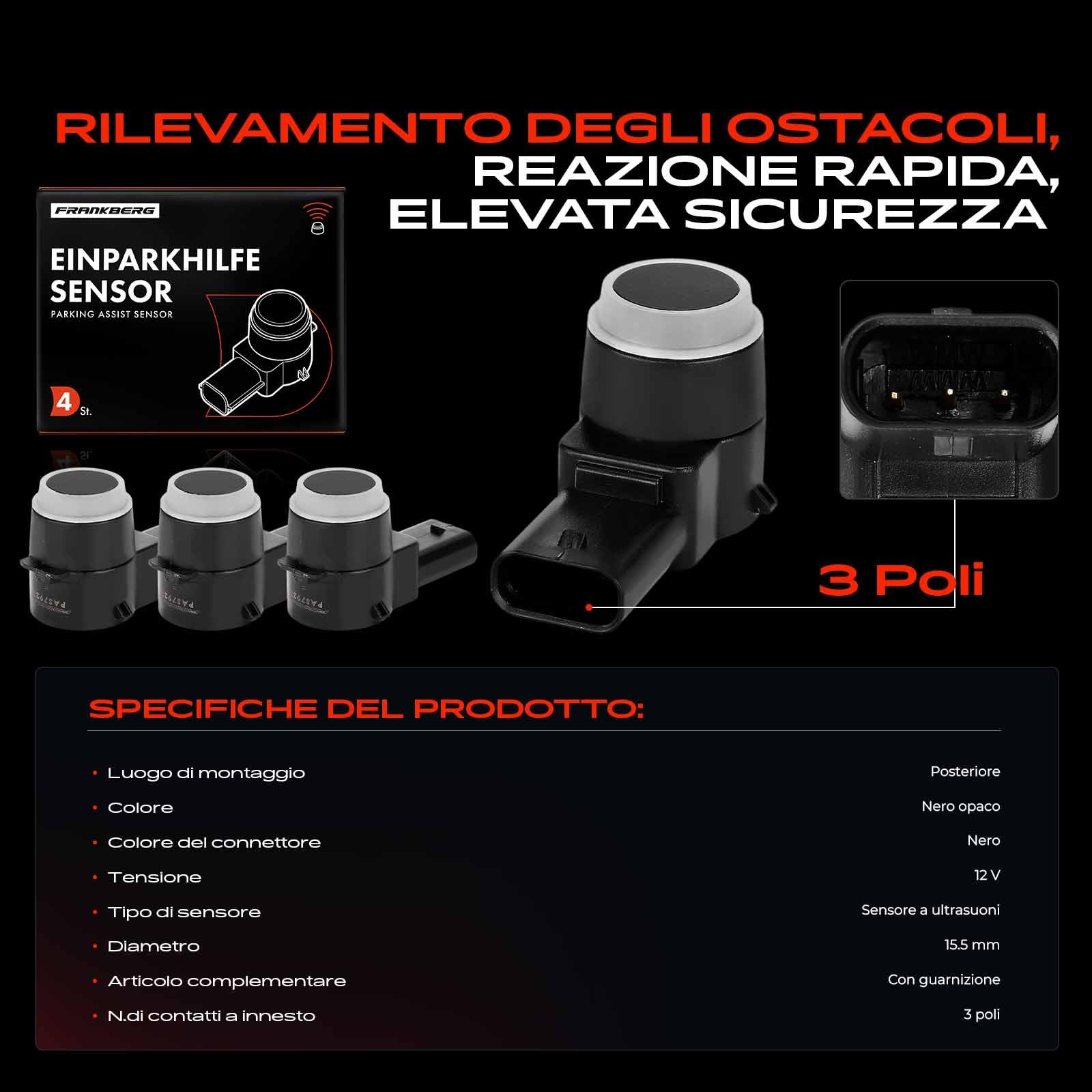 Frankberg 4 sensori di parcheggio anteriori e posteriori 7L5919275B | Compatibile con: Altaea XL 5P5 5P8, E.O.S 1F7 1F8, T.o.u.r.a.n 1T1 1T2, Leone 1P1, C.a.d.d.y III MPV 2CB 2CJ 2KB 2KJ